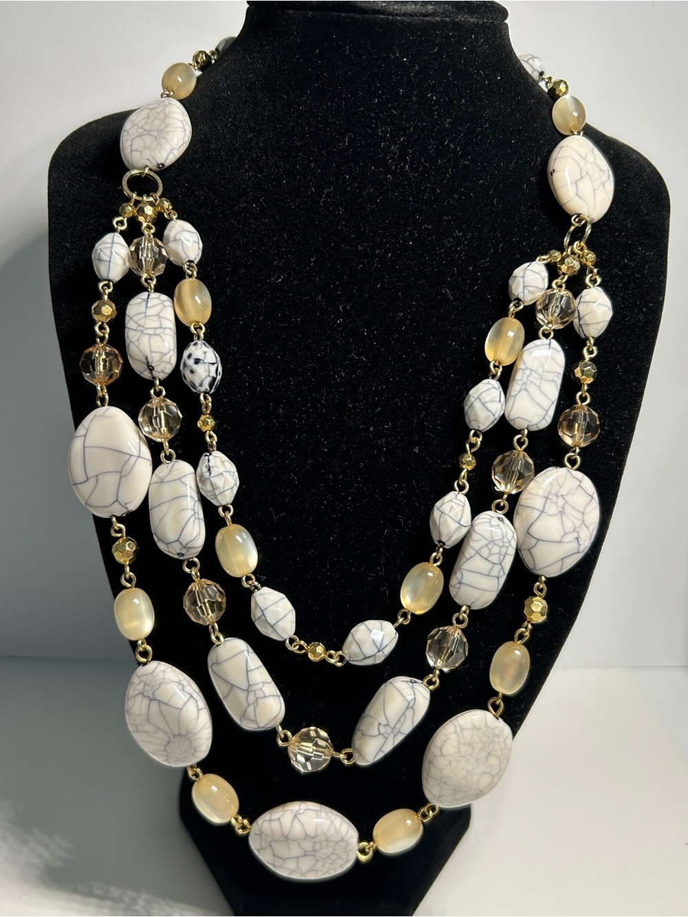 Vintage Robert Rose Multi-Strand White Crackle Stone Necklace with Gold Accents